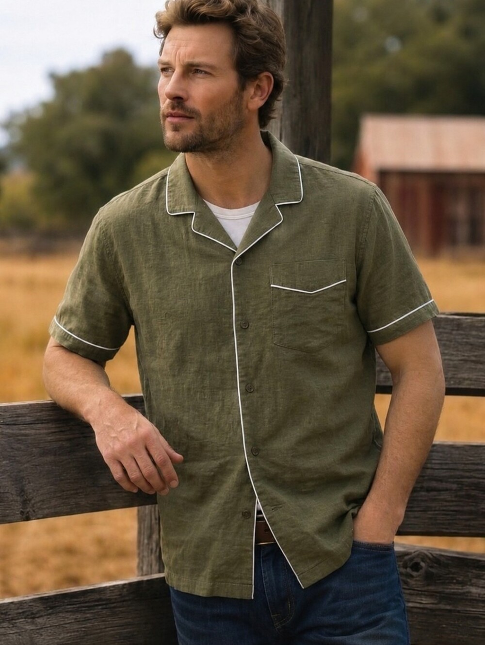 Flint and Tinder • Camp Collar Tipped Short Sleeve Shirt , size large